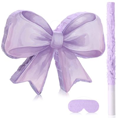 Threan Bow Piata Bow Party Piata with Bat Stick Blindfold Mask Coquette Birthday Centerpieces Decorations for Bridal Shower Wedding Anniversary Engagement Supplies (Purple)