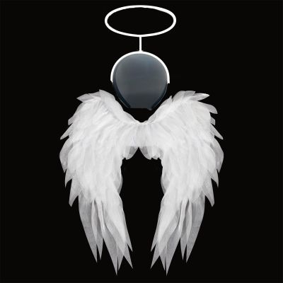 2Pcs White Angel Wing with Glowing Halo Headband,Realistic Halloween Fairy Angel Feather Wing Costume for Christmas,Masquerade
