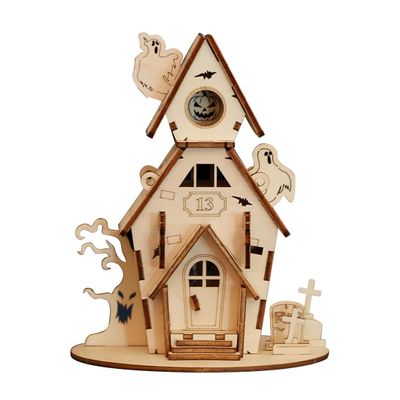 3D Wooden Halloween Ghost House, DIY Puzzle Model Haunted Spooky Building Kit for Home Decoration & Desk Display, Creative Craft Assembly Gift for Adults & Teenagers (Kit Version/35PCS)