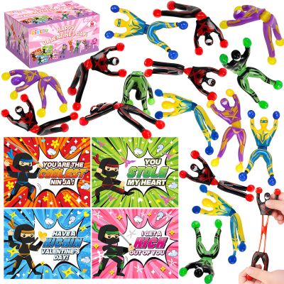 28 Pack Valentines Day Cards for Kids School with Sticky Wall Climbing Men Ninja Toys, Valentines Party Favors with Cards, Valentines Day Gifts for Kids, Classroom Prize Exchange for Boys Girls