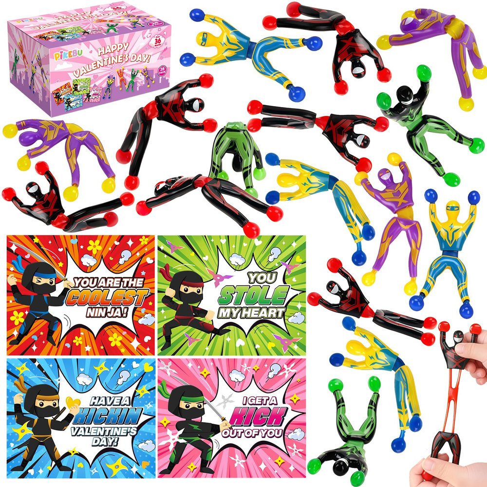 28 Pack Valentines Day Cards for Kids School with Sticky Wall Climbing Men Ninja Toys, Valentines Party Favors with Cards, Valentines Day Gifts for Kids, Classroom Prize Exchange for Boys Girls