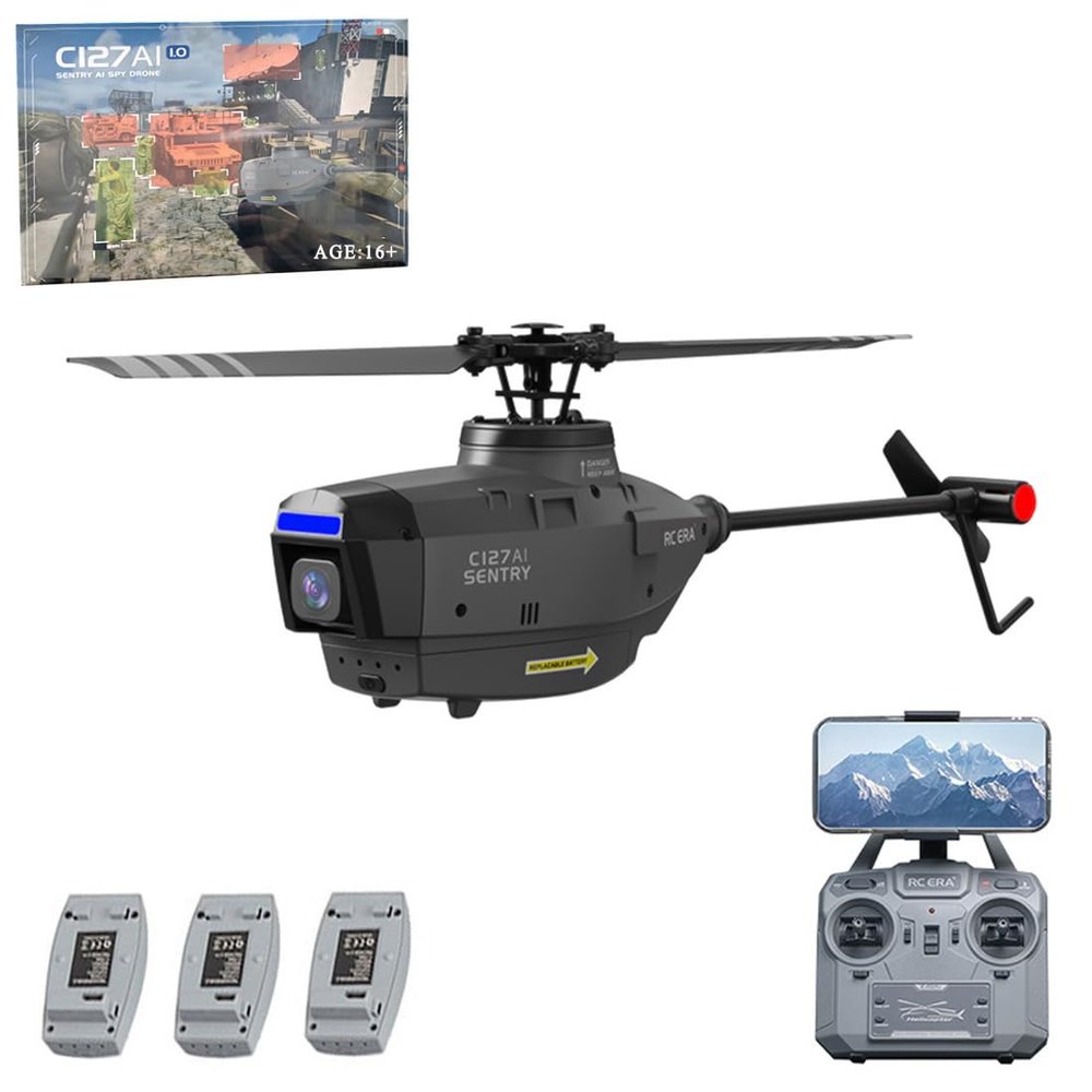 C127AI Scout Drone RC Helicopter with 1080P Camera for Adults, 2.4G 4CH Remote Control Helicopter with 6-Axis Gyro One Key Take Off/Landing Optical Flow Positioning RC Aircraft (3 Batteries)