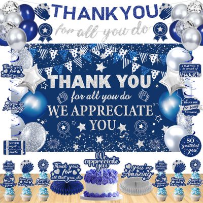 39pcs We Appreciate You Banner Decorations Blue Silver Thank You for All You Do Banner Backdrop Balloons Hanging Swirls Cake Toppers Table Centerpieces Staff Employee Appreciation Decorations