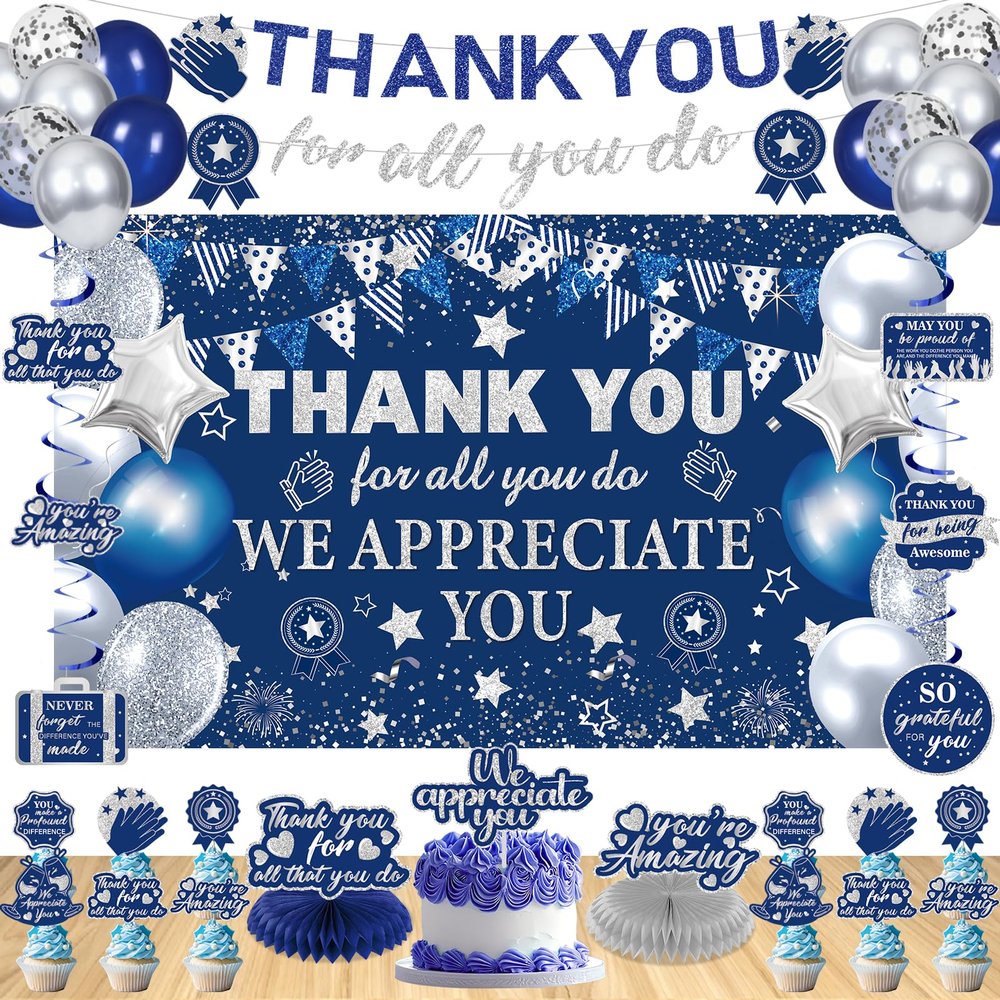 39pcs We Appreciate You Banner Decorations Blue Silver Thank You for All You Do Banner Backdrop Balloons Hanging Swirls Cake Toppers Table Centerpieces Staff Employee Appreciation Decorations