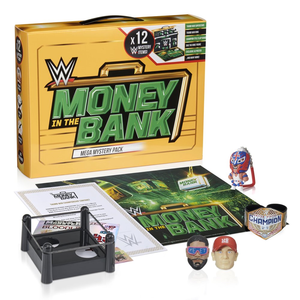 Wow! Stuff: WWE Money in The Bank - Mega Mystery Pack - Surprise Items, Thumb War Superstars, Ring-Poster-Slap Band-Keychain Figure-Stickers, Kids 6+