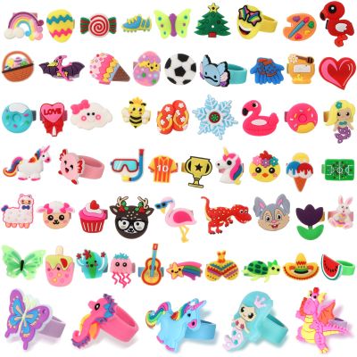 Highergo 60 Pcs Dinosaur Unicorn Rubber Rings for Kids Girls Rainbow Animal Kids Rings Unicorn Cupcake Jewelry for Little Girl Valentine's Gift Zoo Football Birthday Party Supplies Dress up (Cute)