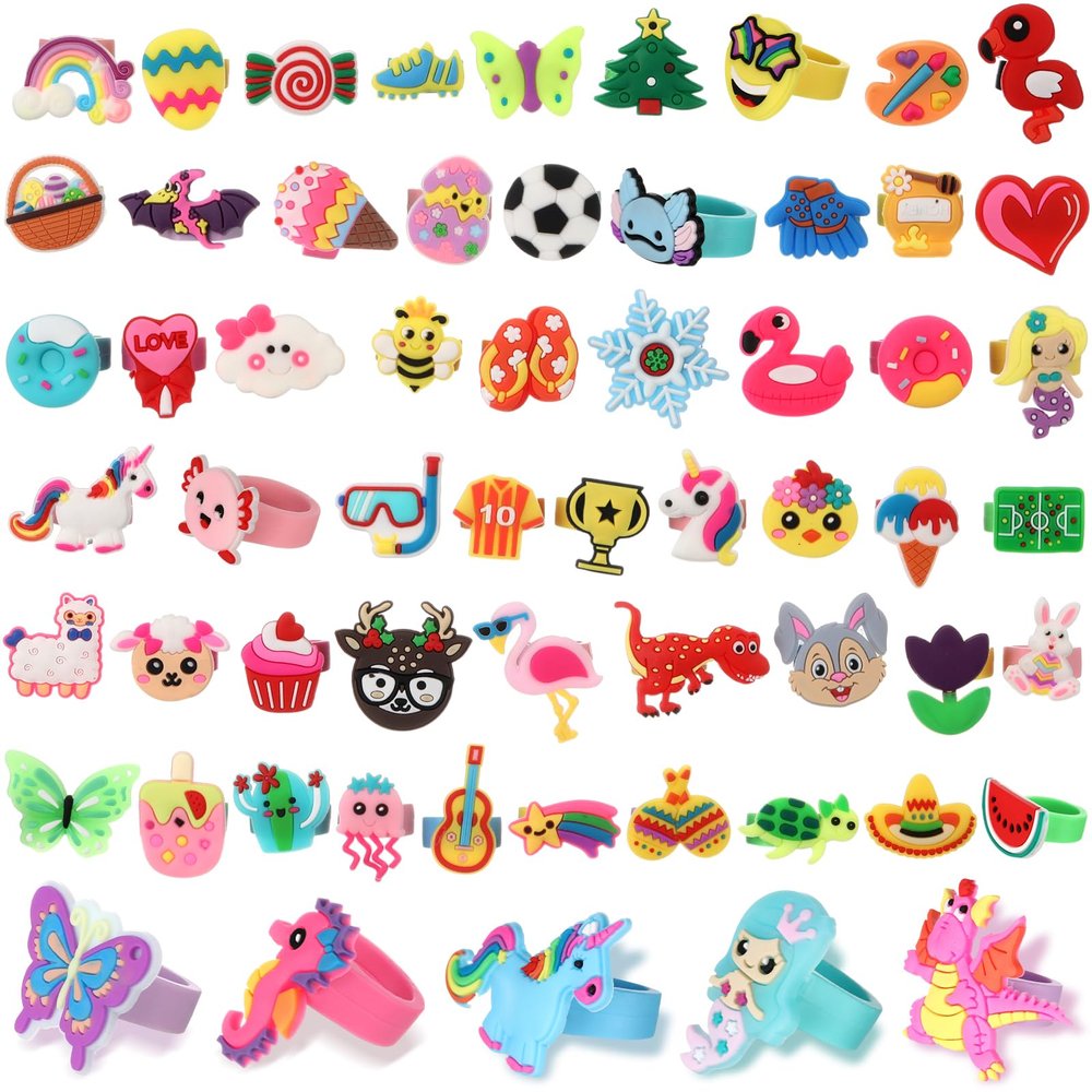 Highergo 60 Pcs Dinosaur Unicorn Rubber Rings for Kids Girls Rainbow Animal Kids Rings Unicorn Cupcake Jewelry for Little Girl Valentine's Gift Zoo Football Birthday Party Supplies Dress up (Cute)