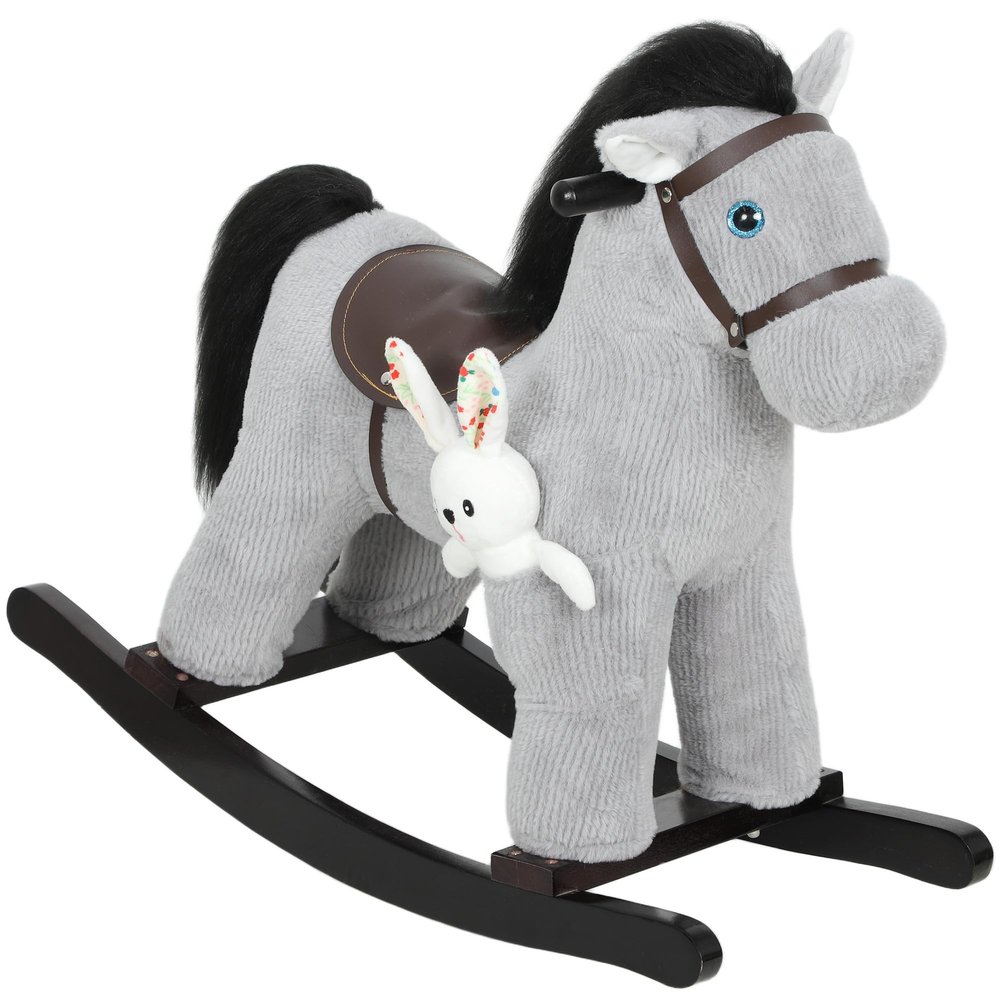 Qaba Rocking Horse, Kids Plush Animal Rocker with Realistic Neighing Sound for Toddlers 25 Years Old, Soft Filling Ride on Horse with Rabbit Toy, Gray