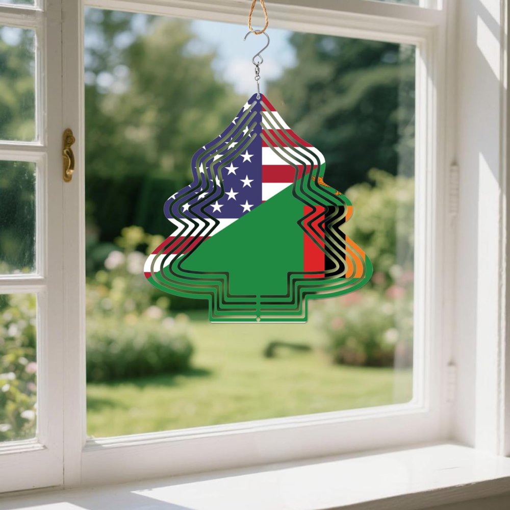 Zambia Zambian America Flag Wind Spinners Outdoor Tree Kinetic Sculptures Chimes 10 inch Decorative Tinplate Metal Art Christmas Decorations Garden Patio Yard Indoor Decor