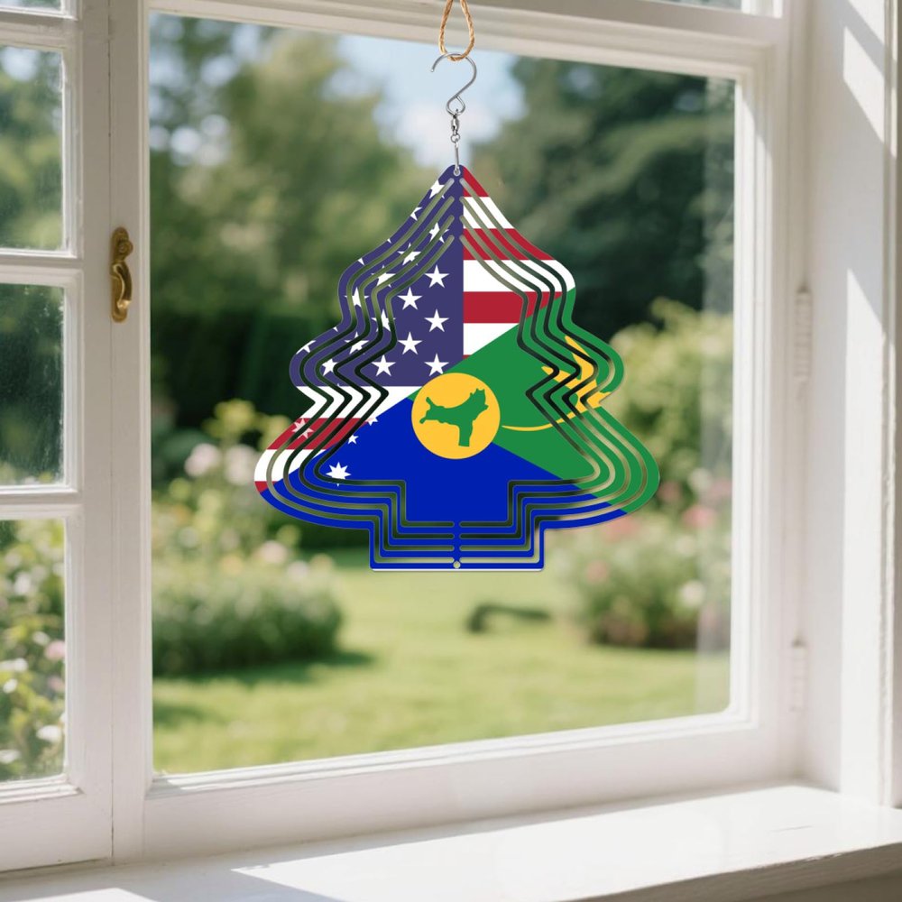 Christmas Island America Flag Wind Spinners Outdoor Tree Kinetic Sculptures Chimes 10 inch Decorative Tinplate Metal Art Christmas Decorations Garden Patio Yard Indoor Decor