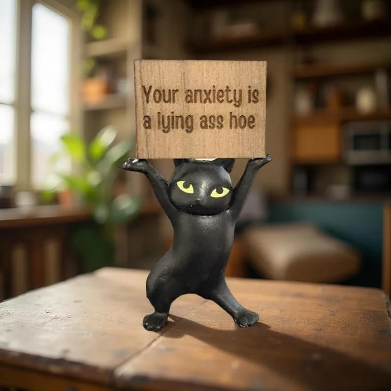 Anxiety-Busting Kitty,Your Anxiety is a Lying Ass Hoe, Cute Resin Cat for Office Home Decor, Funny Desk Accessories,Emotional Support Positive Cat (Black)