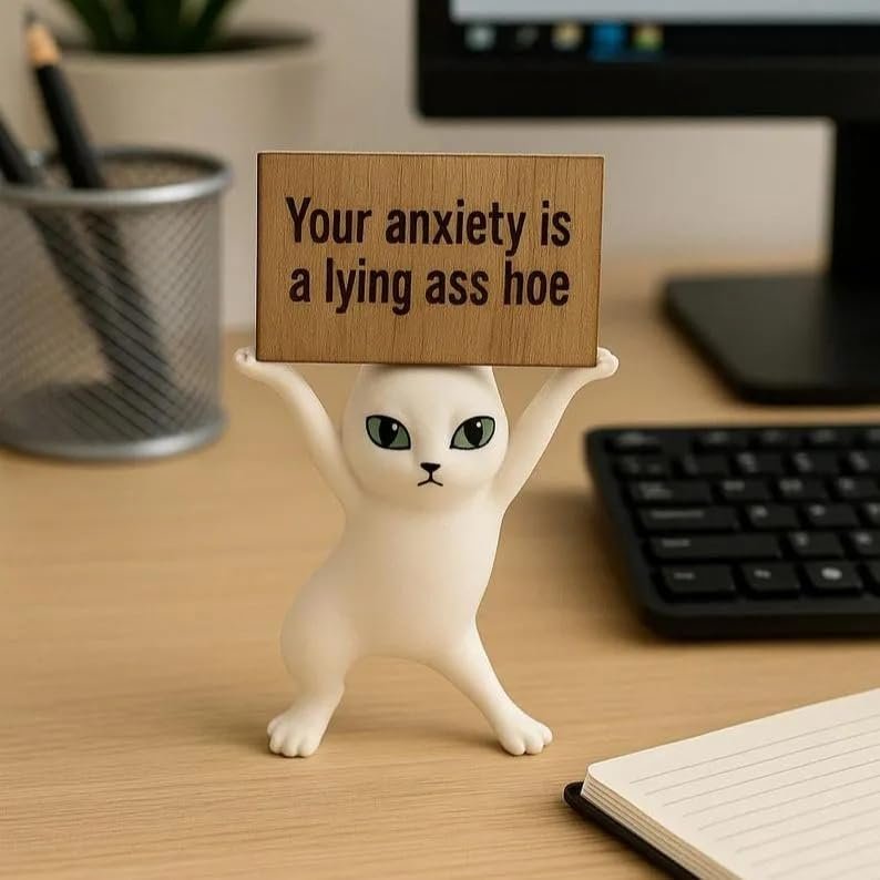 Anxiety-Busting Kitty,Your Anxiety is a Lying Ass Hoe, Cute Resin Cat for Office Home Decor, Funny Desk Accessories,Emotional Support Positive Cat (White)