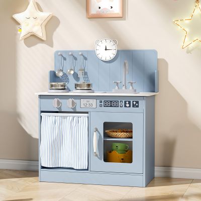MAMIZO Play Kitchen for Toddlers, Wooden Kids Toy Kitchen Playset with Smart Storage, Ultimate Interactive, Simulated Gas Cooker, Sink & Faucet, 6 Pcs Cookware & Educational Clock (Blue)