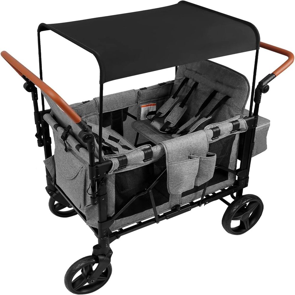 GEHPYYDS 4 Seater Wagon,Collapsible Stroller Wagon,Wa-gon Cart Featuring 4 High Seat with 5-Point Harnesses, Sunshade and Side Pockets, Push Bar Wa-gon Stroller for 0-6 Years Grey