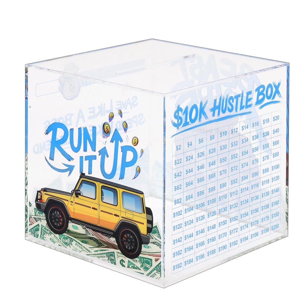 10K Smash Box Money Saving Challenge, Size Medium (5.7 inch), Clear Acrylic Piggy Bank for Adults, Break to Open Cash Vault, Cash and Coin Collection Box
