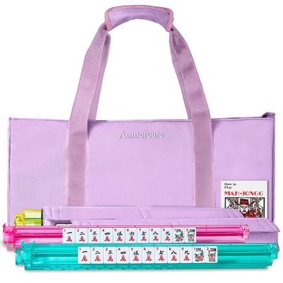 Aomercare American Mahjong Tiles Set, 166 White Tiles, 4 Color Racks & Pushers, Complete Western Mahjong Set with Blue Carrying Bag for Beginners & Experts (Pink)
