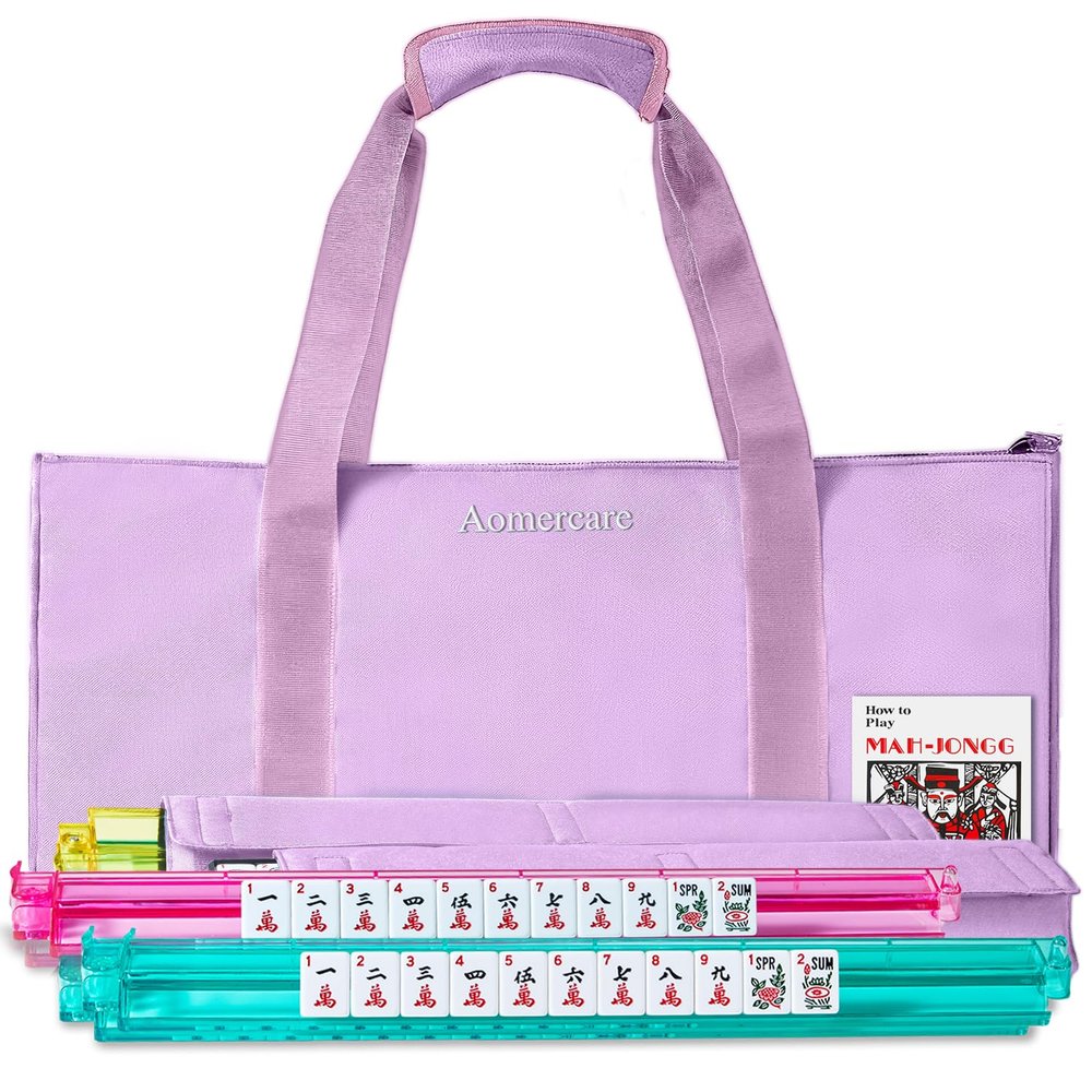 Aomercare American Mahjong Tiles Set, 166 White Tiles, 4 Color Racks & Pushers, Complete Western Mahjong Set with Blue Carrying Bag for Beginners & Experts (Pink)