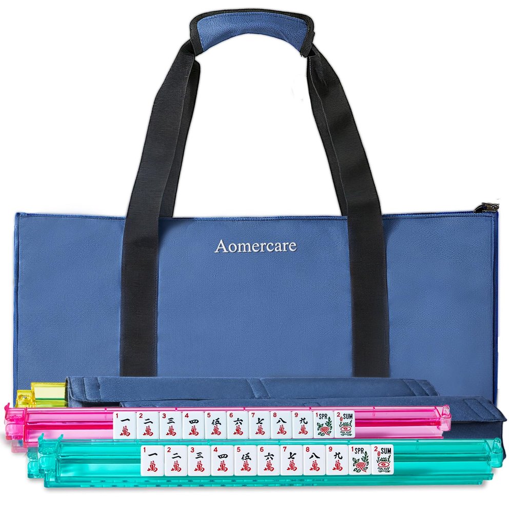 Aomercare American Mahjong Tiles Set, 166 White Tiles, 4 Color Racks & Pushers, Complete Western Mahjong Set with Blue Carrying Bag for Beginners & Experts (Blue)