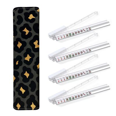 4PCS Mahjong Tile Rack & Pusher with Luxury Gold Leopard Skin Exotic Animal Skin Golden Texture Mahjong Bag, Clear Acrylic All-in-One Tile Racks with Built-in Push Rods for American Mahjong Sets