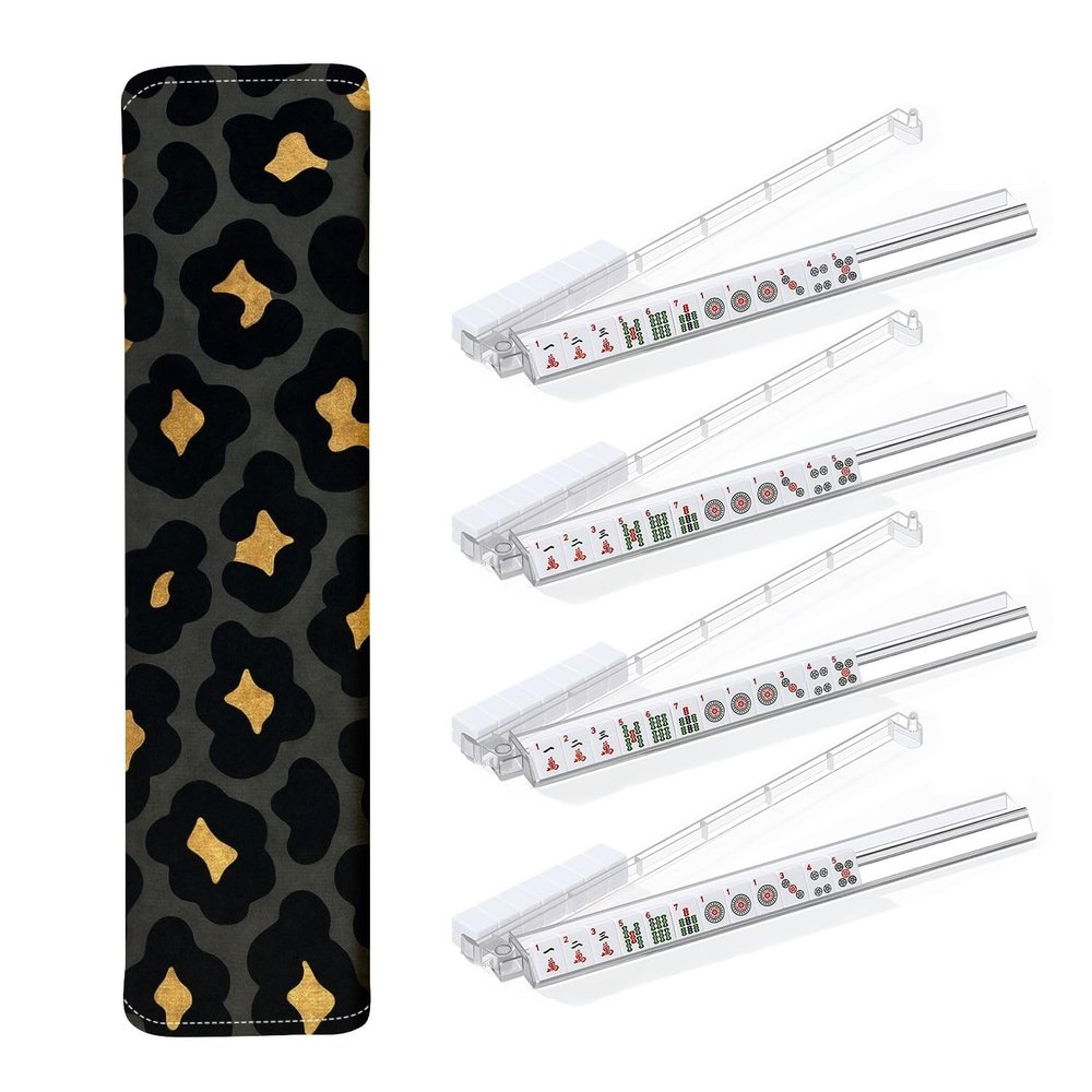 4PCS Mahjong Tile Rack & Pusher with Luxury Gold Leopard Skin Exotic Animal Skin Golden Texture Mahjong Bag, Clear Acrylic All-in-One Tile Racks with Built-in Push Rods for American Mahjong Sets