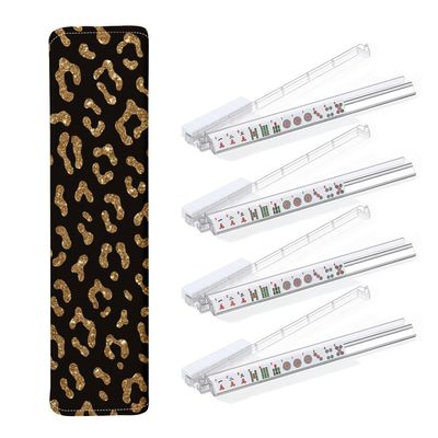 4PCS Mahjong Tile Rack & Pusher with Fashion Seamless Gold Glitter Leopard Fur Texture Sparkle Mahjong Bag, Clear Acrylic All-in-One Tile Racks with Built-in Push Rods for American Mahjong Sets