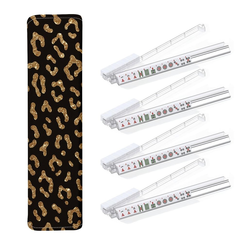 4PCS Mahjong Tile Rack & Pusher with Fashion Seamless Gold Glitter Leopard Fur Texture Sparkle Mahjong Bag, Clear Acrylic All-in-One Tile Racks with Built-in Push Rods for American Mahjong Sets