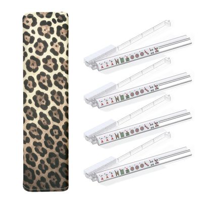 4PCS Mahjong Tile Rack & Pusher with Luxury Leopard Animal Print Cheetah Print Mahjong Bag, Clear Acrylic All-in-One Tile Racks with Built-in Push Rods for American Mahjong Sets