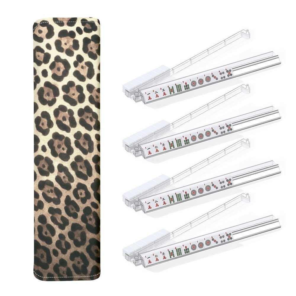 4PCS Mahjong Tile Rack & Pusher with Luxury Leopard Animal Print Cheetah Print Mahjong Bag, Clear Acrylic All-in-One Tile Racks with Built-in Push Rods for American Mahjong Sets