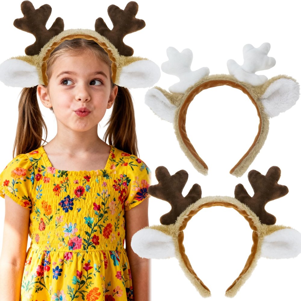 Auswalar 2PCS Cute Christmas Reindeer Headbands for Girls Plush Antler & Ear Hair Accessories Festive Holiday Party Headwear