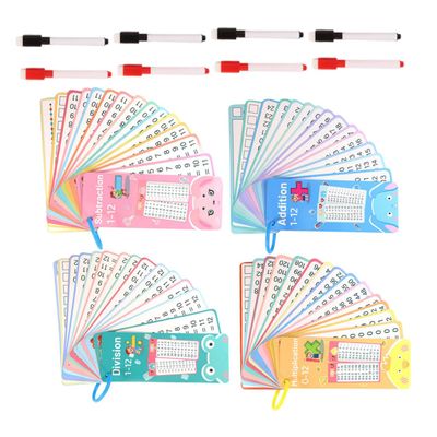 BRIGHTFUFU 4 Sets Portable Math Flash Cards with Dry Erase Surface Multiplication Division Addition Subtraction Practice Tools for Student Classroom Aid Travel-Friendly Learning Games