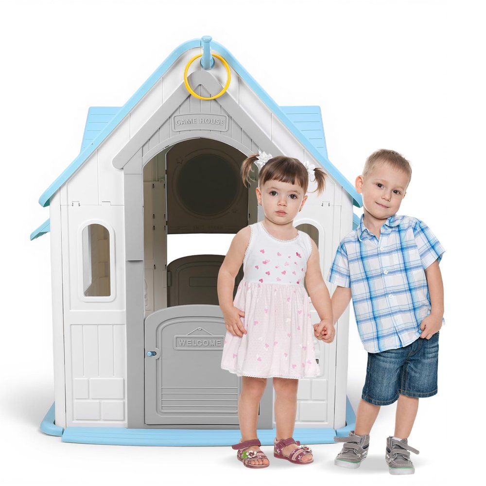 LivialyCity Garden Games Cottage with Basketball Hoop Dartboard Plastic Playhouse Outdoor Playhouse for 2-5 Years