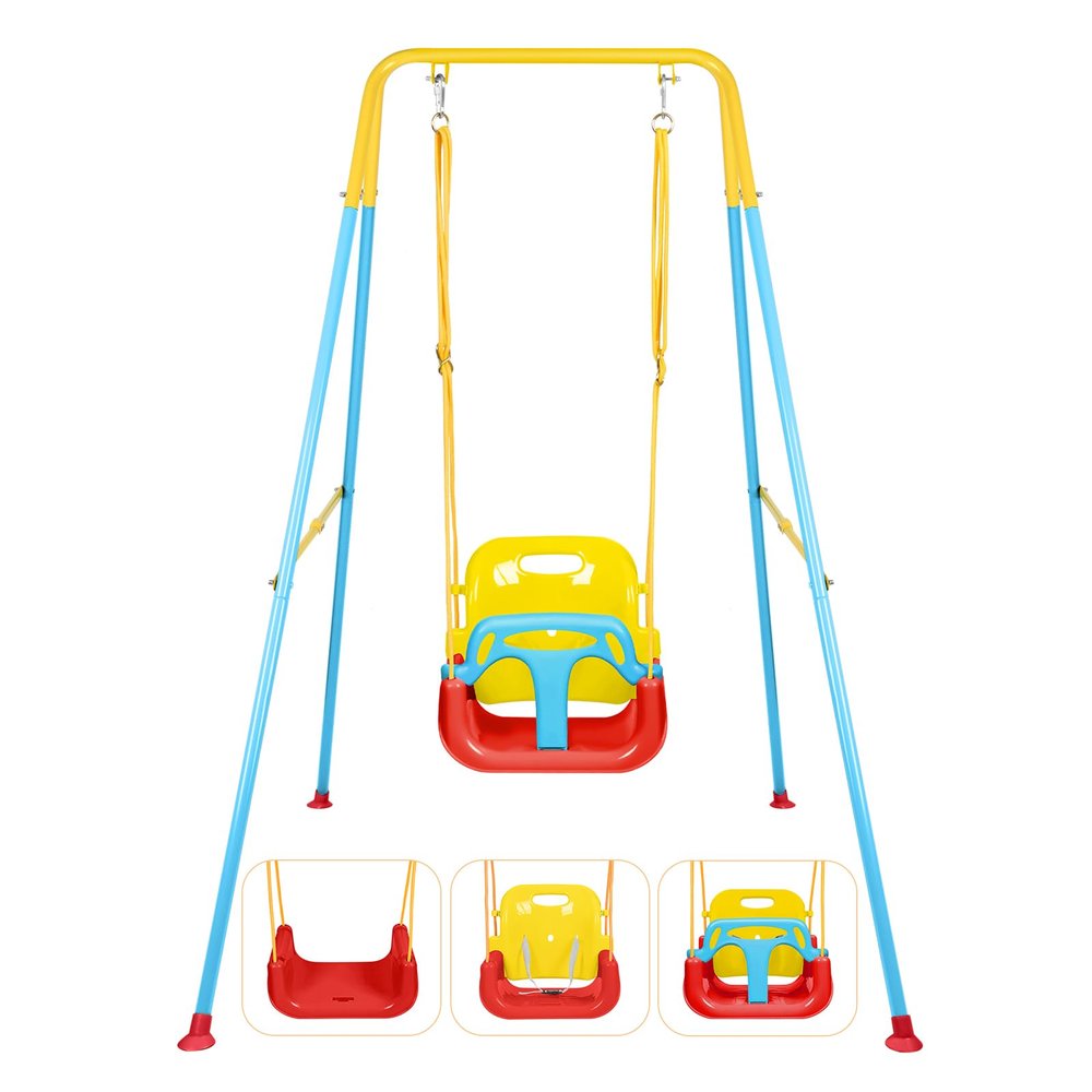3-in-1 Toddler Swing Set, Indoor & Outdoor Baby Swing Heavy Duty Swing Set with Foldable Metal Stand for Aged 6 Months to 10 Years Old, Easy to Assemble and Store (RedBlue)
