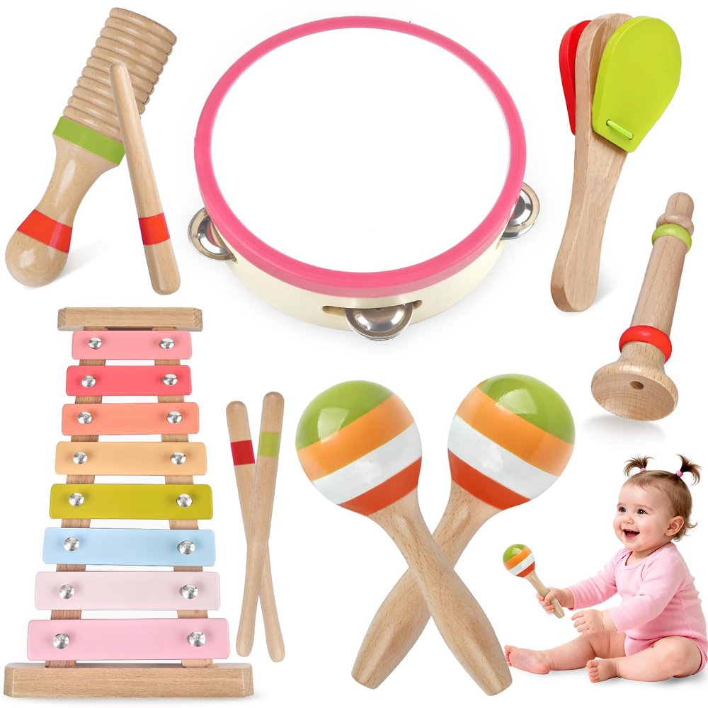 Baby Musical Instruments for Girls-Montessori Wooden Toys for Toddlers 1-3,Percussion Instruments Set with Xylophone Preschool Educational 3+ Christmas Birthday Gift for 1 2 3 Year Girls (pink 6 in 1)