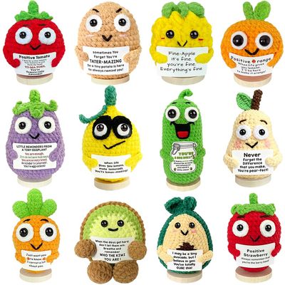 12PCS Emotional Support Crochet Vegetables Fruits Positive Animals Bulk Positive Pickle Patato Christmas Cheer Up Gag Gifts Small Employee Gifts Office Desk Decor For Friends Coworkers Adult