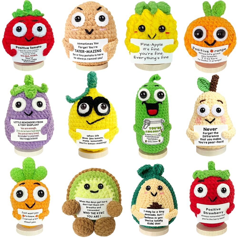 12PCS Emotional Support Crochet Vegetables Fruits Positive Animals Bulk Positive Pickle Patato Christmas Cheer Up Gag Gifts Small Employee Gifts Office Desk Decor For Friends Coworkers Adult