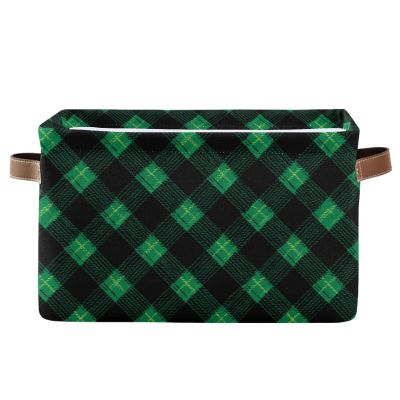 Wusikd Green Black Tartan Storage Basket Set of 2 Large Fabric Storage Baskets Bins Box Cube with Handles Collapsible Closet Shelf Clothes Organizer Basket for Nursery Bedroom