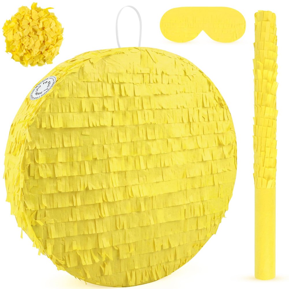 Abilat Yellow Round Pinata with Stick Blindfold Confetti DIY Blank Pinata for Adults Kids Birthday Party Supplies Carnivals Halloween Christmas Decorations