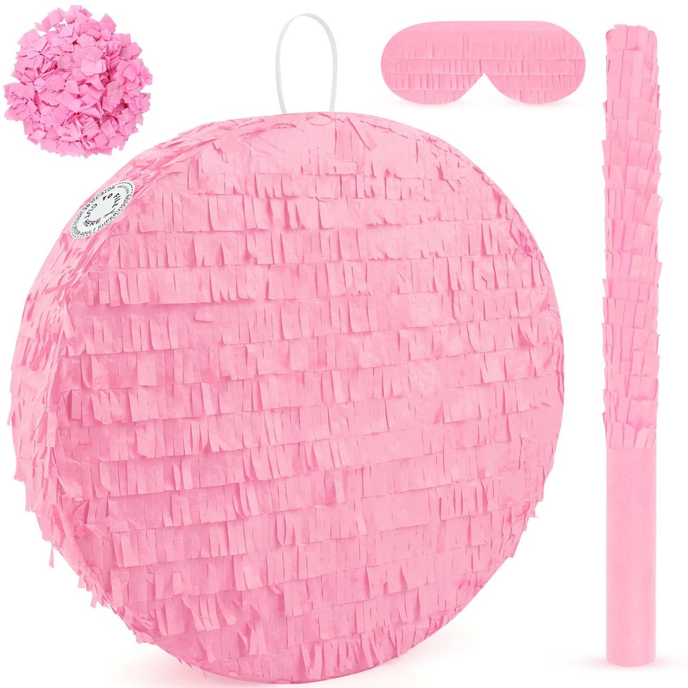 Abilat Pink Round Pinata with Stick Blindfold and Confetti DIY Blank Pinata for Girls Kids Birthday Party Supplies Carnivals Christmas Decorations