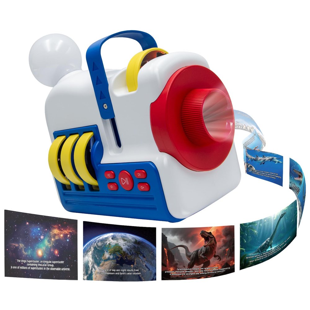 Educational Story Projector with 4 Science Story Cards, Toddler Gift Storytime Machine for Boys & Girls, Audio Narration, Soothing Night Light & Sleep Music, Bedtime Projector Birthday Gifts