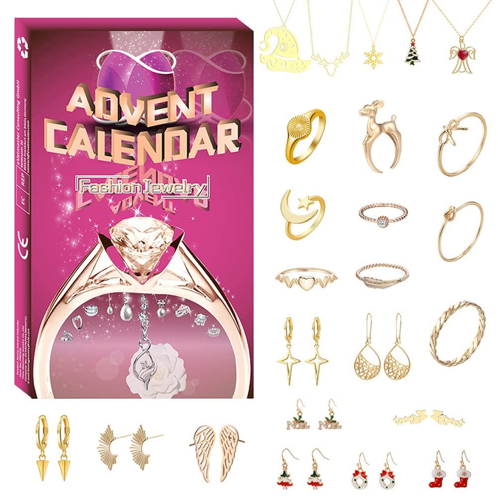 Aoaoy Christmas Advent Calendar 2025 with 24 Jewelry Charm Necklace Bracelet Earrings Rings Christmas Countdown Calendar for Girls Kids Countdown Holiday Gift