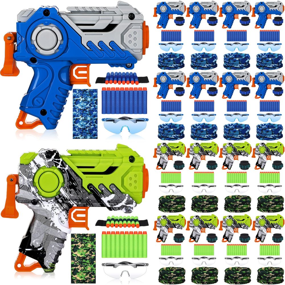 Seenelling 16 Set Tactical Party Supplies Gun Themed Party Favors Kit Included Toy Guns, Wrist Belt Band, Foam Bullets, Safety Glasses, Face Mask Birthday Gift (Blue,Green)
