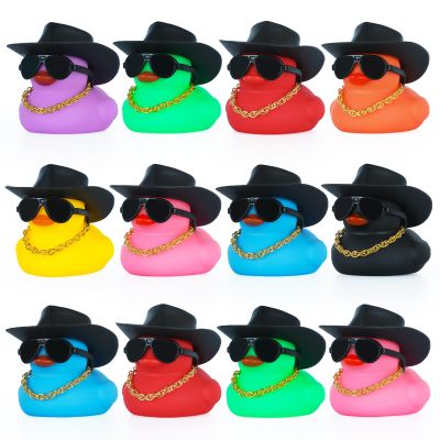 12 Pcs Cowboy Rubber Ducks with Hat, Golden Necklace & Sunglasses - Cool Car Dashboard Decor for Jeep Ducking, Stress Relief Gifts