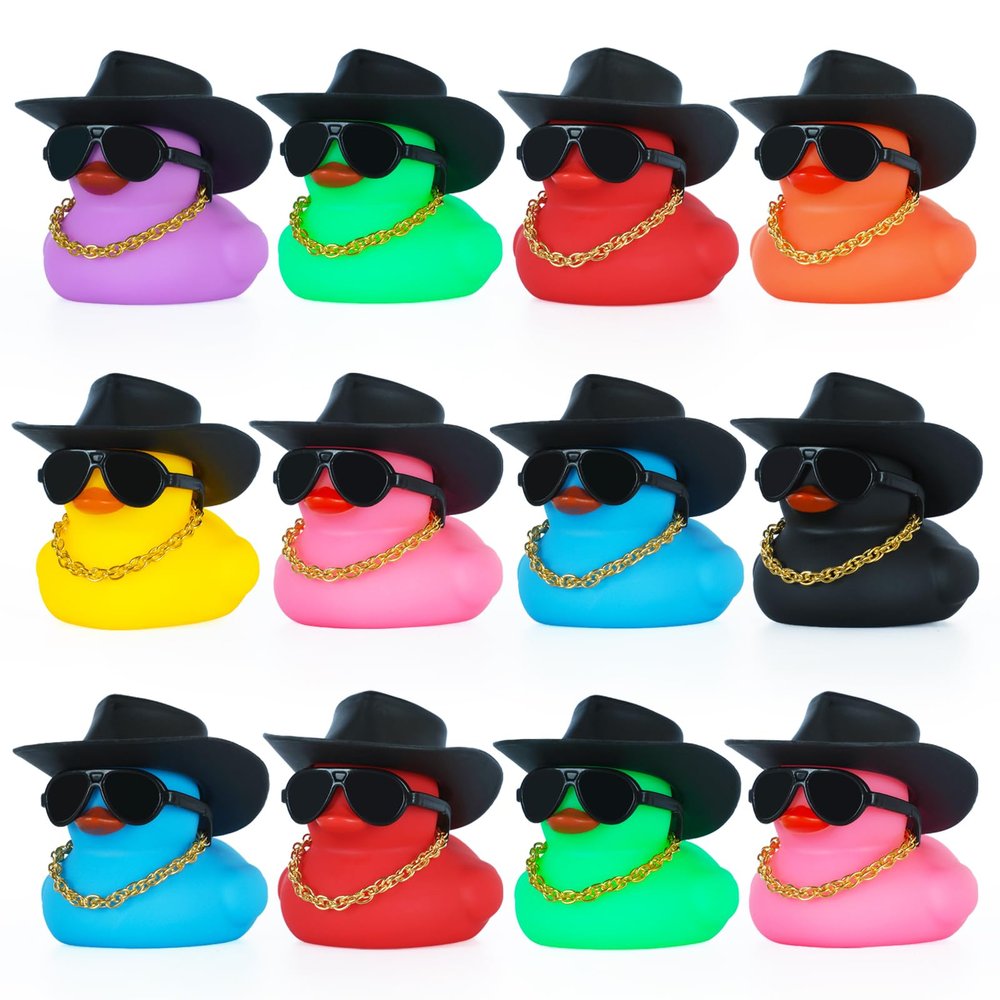 12 Pcs Cowboy Rubber Ducks with Hat, Golden Necklace & Sunglasses - Cool Car Dashboard Decor for Jeep Ducking, Stress Relief Gifts