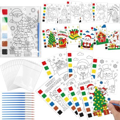 Funrous 168 Pcs Christmas Party Favors Bulk Watercolor Coloring Books Mini Christmas Coloring Pages Sheets with Plastic Bags Brushes Classroom Gifts Prizes Crafts Goodie Bag Stuffers Fillers