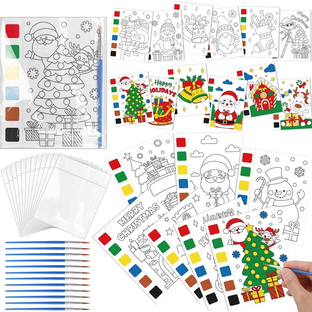 Funrous 168 Pcs Christmas Party Favors Bulk Watercolor Coloring Books Mini Christmas Coloring Pages Sheets with Plastic Bags Brushes Classroom Gifts Prizes Crafts Goodie Bag Stuffers Fillers