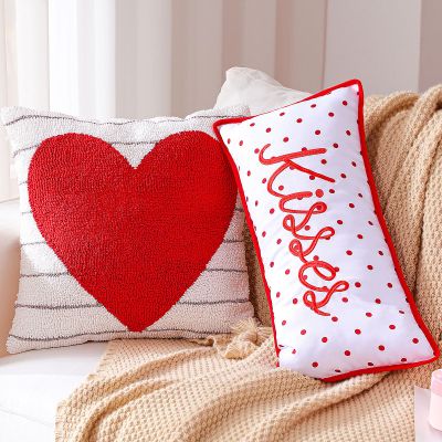AceOrbit 2 Pcs Valentines Throw Pillows Embroidered Cushion Pillow Red Heart Stripe and Kisses Dot Petite Print Valentines Decoration for Home Bedroom Living Room Sofa Bed Chair Decor Galentines Gifts