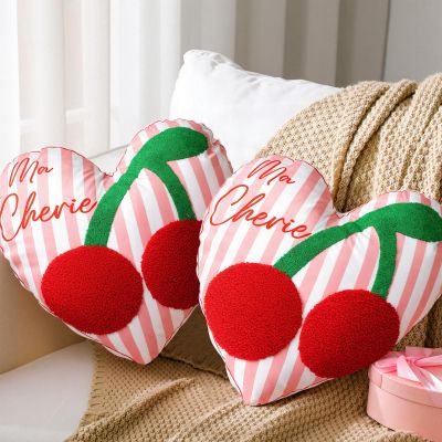 AceOrbit 2 Pcs Ma Cherie Cherry Throw Pillow 18 x 18'' Aesthetic Cute Heart Plush Pillow Red Cherry Prints Galentines Decoration for Home Bedroom Living Room Sofa Bed Chair Decor Valentines Gifts
