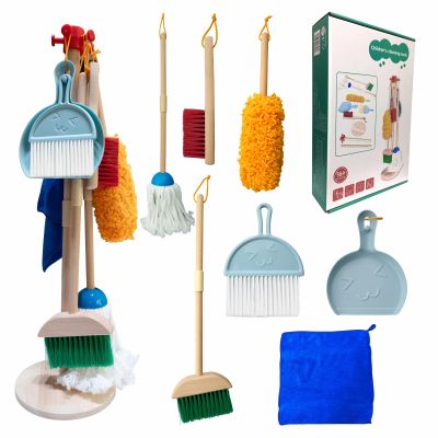 PetGlobal Kids Cleaning Set, 8 Pack Wooden Housework Cleaning Includes Broom Mop Duster Dustpan Brushes Rag and Organizing Stand, Solid Beech Wood , Cleaning Toys Gift for Toddlers Girls Boys Age 3-8