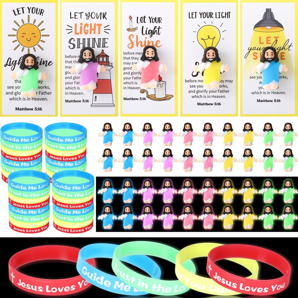 Barydat 100 Set Mini Christ Gifts Glow in the Dark Include Mini Jesus Figures Silicone Wristbands Blessing Cards for Christ Party Favors Sunday School Gifts Religious Toys to Hide and Seek