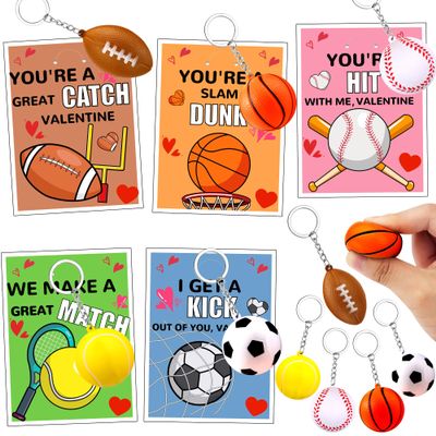 30 Pack Kids Valentines Day Cards with Sport Stress Ball Keychain Valentines Day Gifts for Kids School Valentines for Kid Classroom Gift Exchange Classroom Prizes Valentine Party Favors for Boys Girl